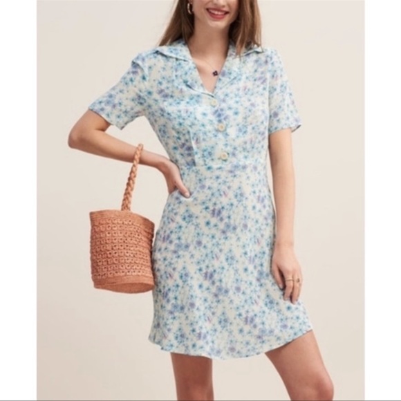 🐳ROUJE Monique Blue Floral Silk Dress - Picture 2 of 7